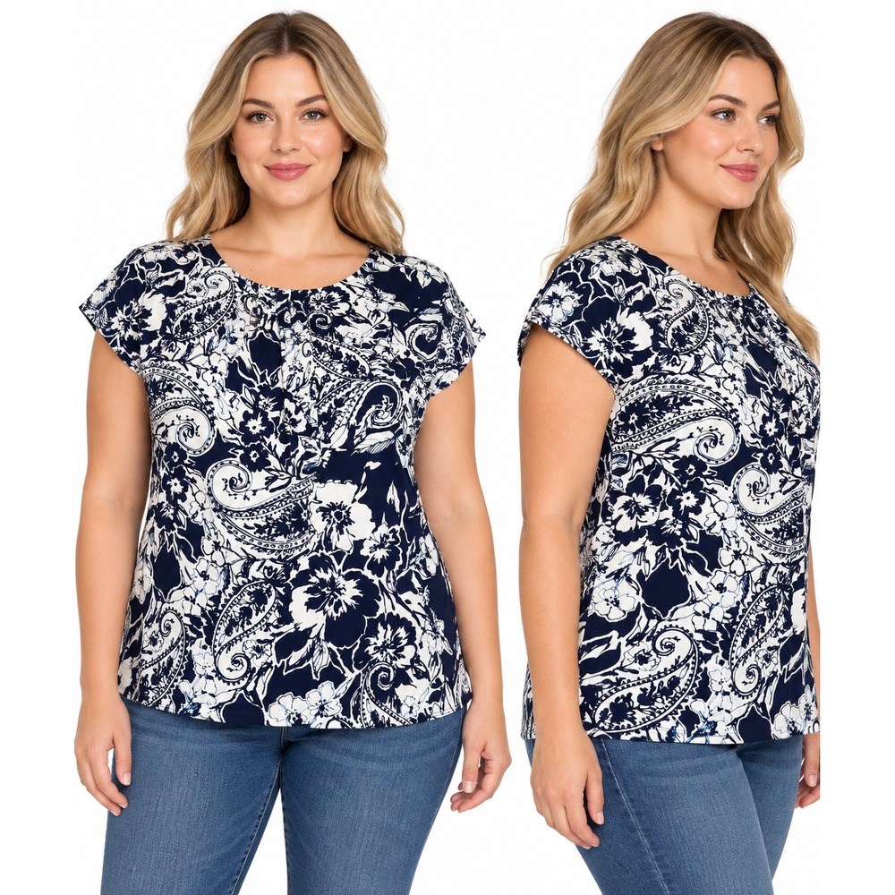 Chaps 1X NWT Blouse Navy Pearl Floral Paisley Pleated Scoop Neck Cap Sleeve